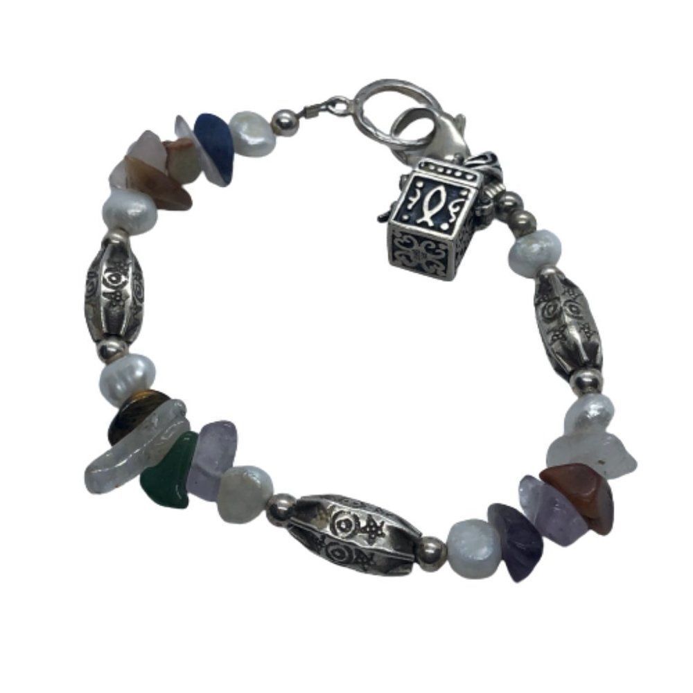Sterling Silver & Semi Precious Gemstone Bead Bracelet w/ HS Box Charm